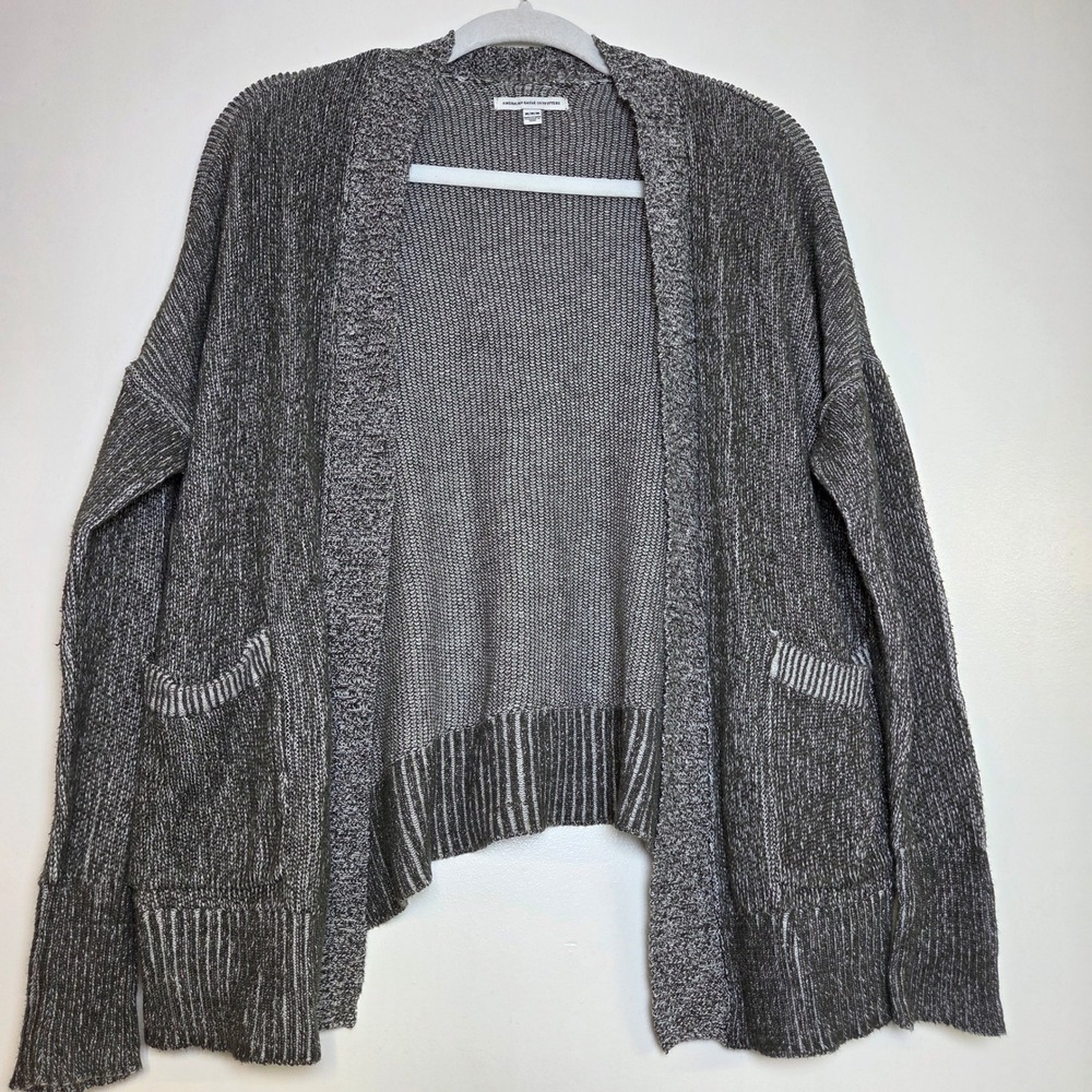 American Eagle Grey Marled Cotton Open Front Cardigan Sweater Pockets Womens M